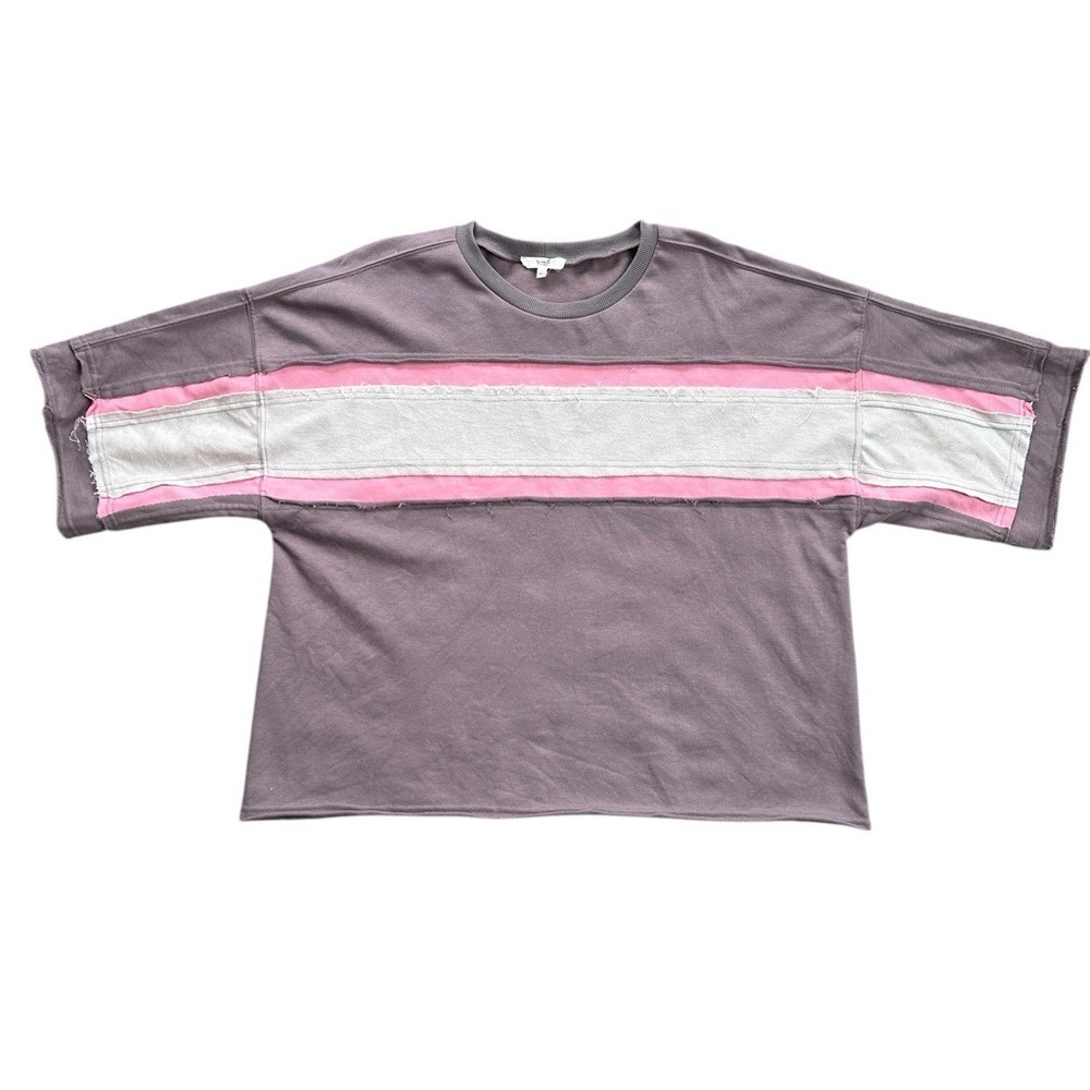 Easel Oversized Short Sleeve Sweatshirt Women L Purple Pink Striped Raw Edge Top